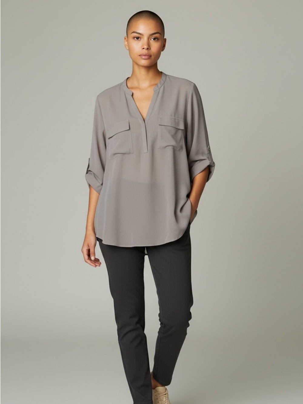 Torrid Harper Georgette 3/4 Sleeve Tunic Blouse Georgette Gray